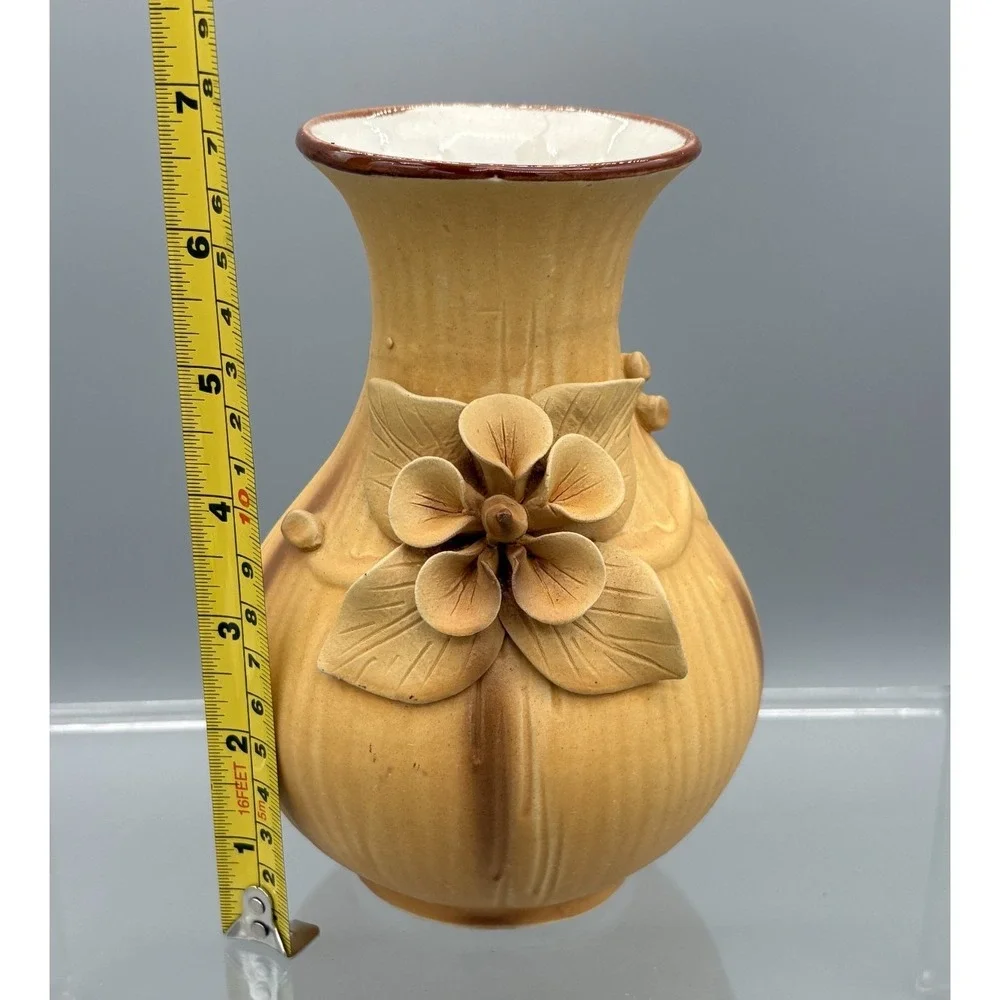 Vintage Mustard Yellow Flower Vase Floral Design Handmade Ceramic Pottery  7